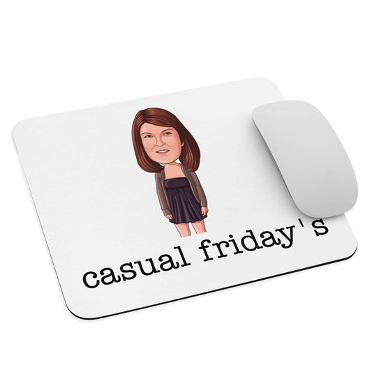 "casual friday's" mouse pad Introducing the "Casual Friday's Meredith Palmer Mouse Pad" – a laid-back, no-nonsense addition to your workspace inspired by everyone's favorite supplier relations representative! **Casual Vibes Features:** 1. **Chill Surface: